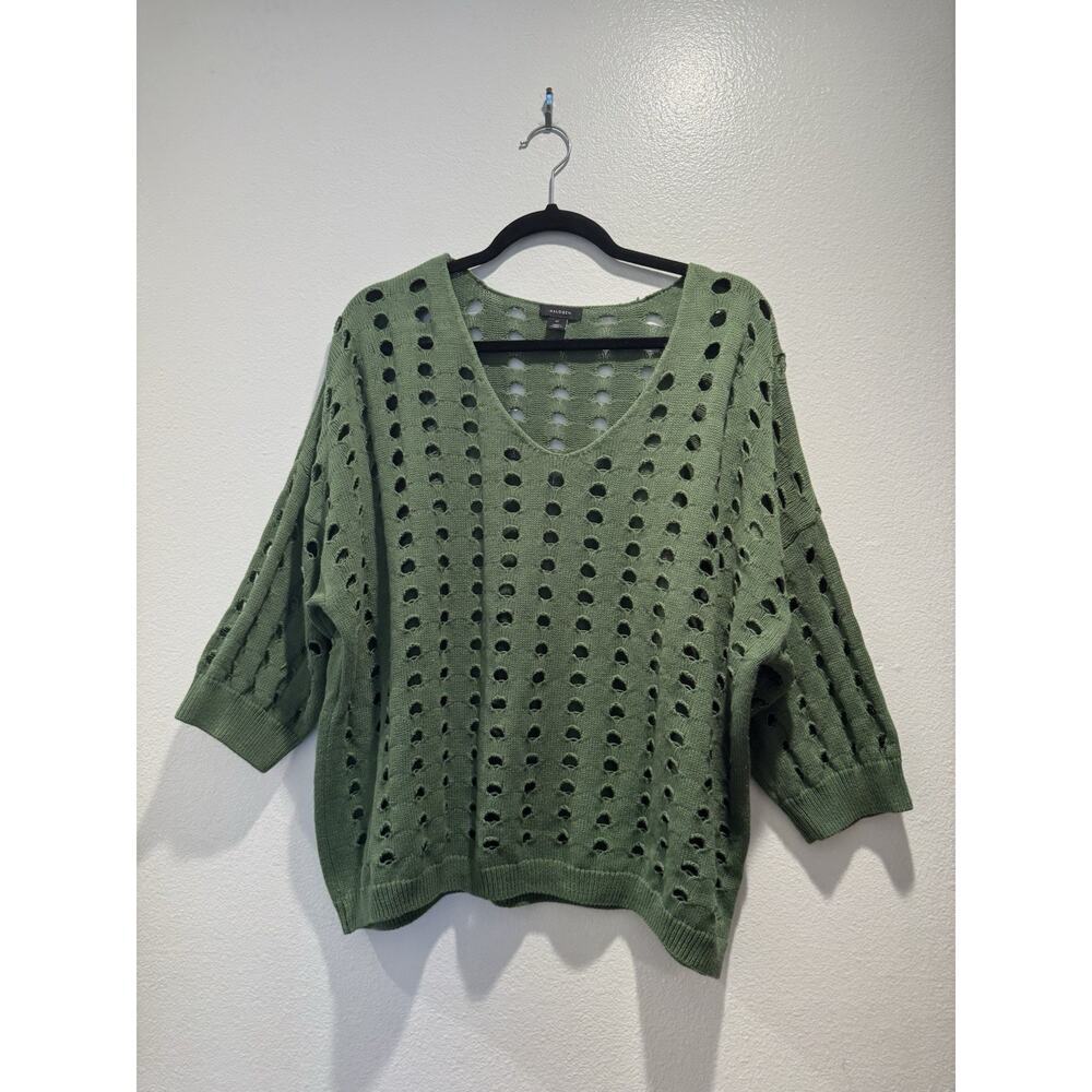 Halogen Open Knit Sweater Women’s Size XL Green Cut Out Short Sleeve Boho‎